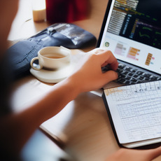 A person is sitting at a table using a laptop. The laptop is open, displaying many lines of text. On the table, there is also a cup of coffee and a notebook. The scene shows the person focused on their work or task at hand.