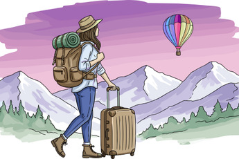 an illustration of a woman with a backpack and a suitcase standing in a valley with mountains in the distance and a hot air balloon in the sky