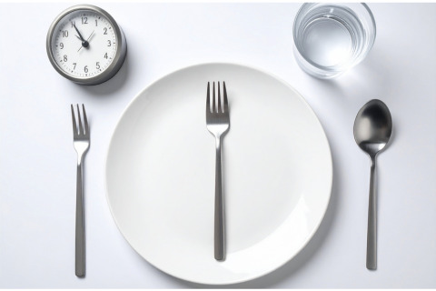 A white plate is set with a fork on the left and a spoon on the right, with a glass of water above the plate and a clock to the left of the plate.