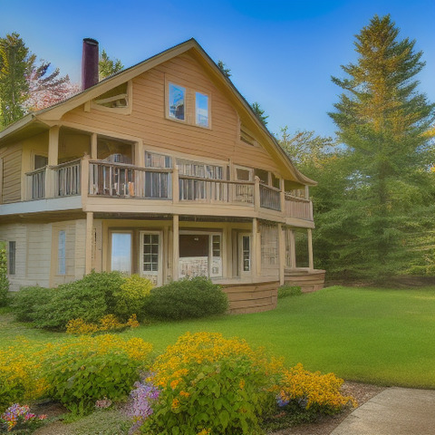 A white house with a yellow chimney and green bushes.