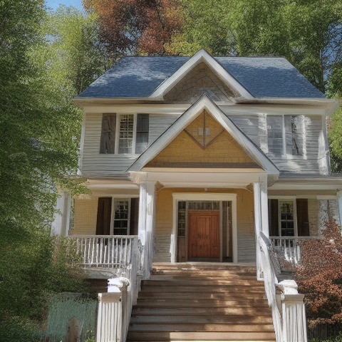 A beautiful white house with yellow trim, has a wrap-around porch, and a garden gnome sitting on the top of the steps.