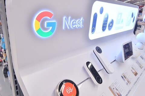 A range of smart home devices including a smart thermostat, doorbell and smart assistant.