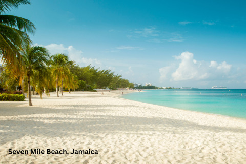 A tropical beach with white sand, palm trees, turquoise water, and a clear blue sky.