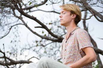A man with brown hair is sitting under a tree, looking deep in thought