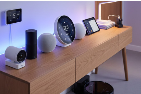 A smart home setup featuring a wall-mounted thermostat, a security camera, smart speakers, a smart display, a tablet, and a robot vacuum cleaner on a wooden desk.