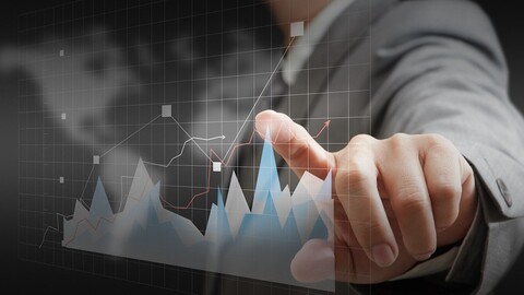 A man's hand is touching a digital screen, pointing at graphs and numbers.