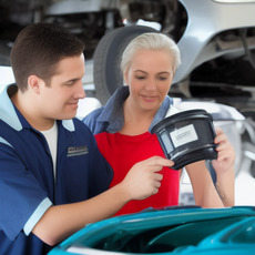 A man and woman in a garage, with the woman holding a car hood and the man showing a car hood as well.