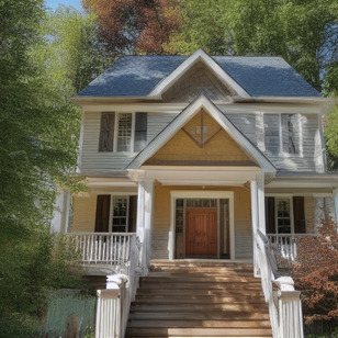 A beautiful white house with yellow trim, has a wrap-around porch, and a garden gnome sitting on the top of the steps.