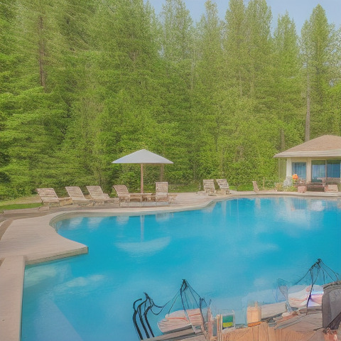 An outdoor pool in a backyard, surrounded by woods.