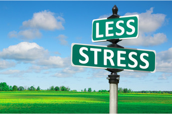A signpost with two green signs, one reading "LESS" and the other "STRESS", against a backdrop of a green field and blue sky with clouds.