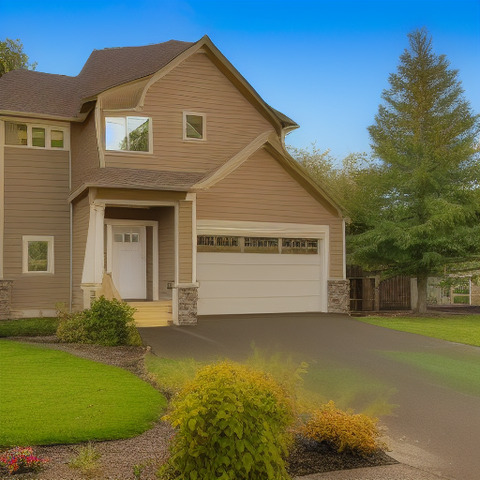 A large tan house with a garage and driveway.
