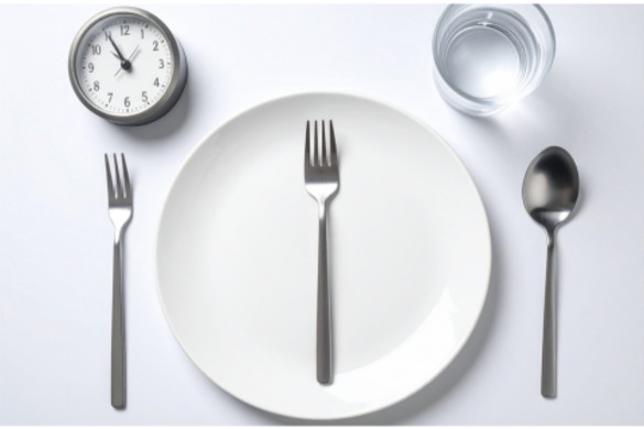 A white plate is set with a fork on the left and a spoon on the right, with a glass of water above the plate and a clock to the left of the plate.