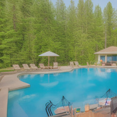 An outdoor pool in a backyard, surrounded by woods.