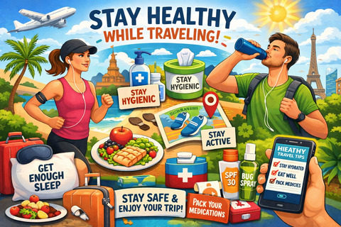 Illustration showing two travelers staying healthy on the go, with a woman jogging on a beach, a man drinking water near landmarks, healthy food, sunscreen, bug spray, hygiene items, luggage, and tips like stay active, stay hydrated, and get enough sleep displayed around them.