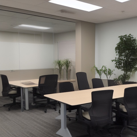 A spacious office with a white table in the middle, surrounded by eight chairs.