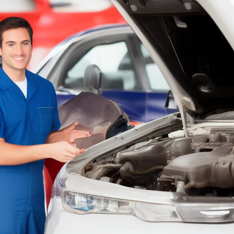 A man wearing a blue uniform is leaning over and examining the engine of a white car.
