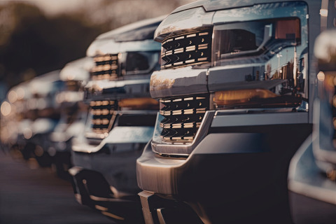 A line of pickup-trucks on a lot.