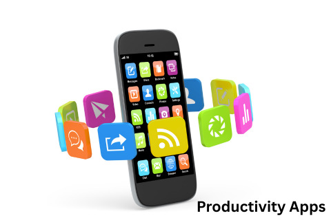 A smartphone displays various app icons, with a collection of colorful app icons orbiting around it.