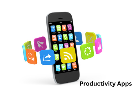 A smartphone displays various app icons, with a collection of colorful app icons orbiting around it.