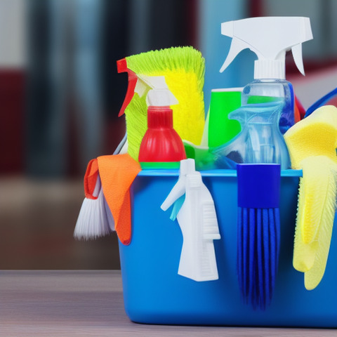 The blue basket is filled with cleaning supplies, including bottles, brooms, and a spray bottle.