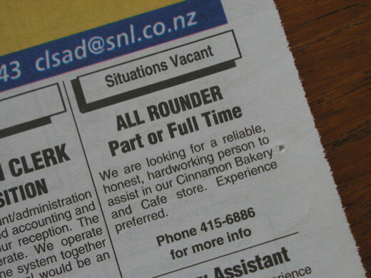A local newspaper showing job vacancies for a bakery, an administration job and a personal assistant.