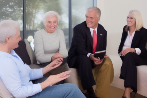 A group of people sitting on couches and chairs.