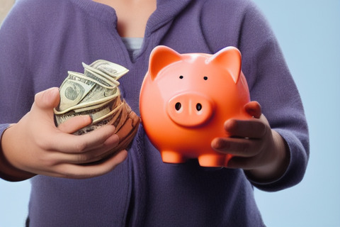 A person is handing a piggy bank to another person, both of them surrounded by money.