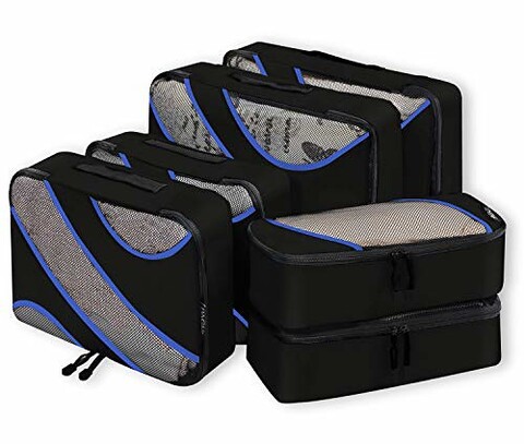 The image showcases three blue and black storage bags stacked on top of each other. 