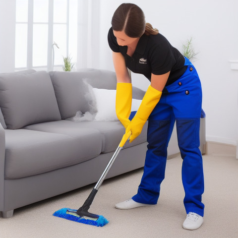 A woman wearing blue overalls is sweeping the floor.